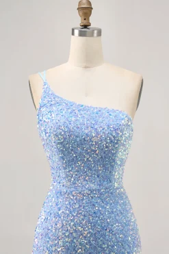 Sparkly Blue One Shoulder Vestido Curto Homecoming com Fenda
