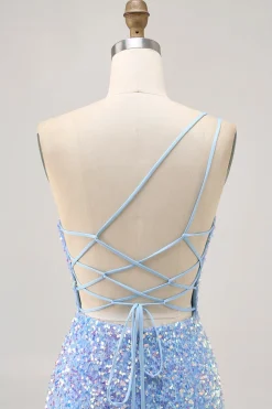 Sparkly Blue One Shoulder Vestido Curto Homecoming com Fenda