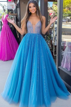 Sparkly Blue Princess V-Neck Tulin Tulle Long Prom Dress