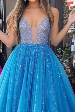 Sparkly Blue Princess V-Neck Tulin Tulle Long Prom Dress