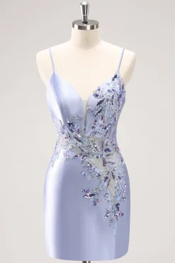Sparkly Blue Sequined Floral Tight Short Homecoming Dress com Missangas