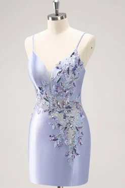 Sparkly Blue Sequined Floral Tight Short Homecoming Dress com Missangas