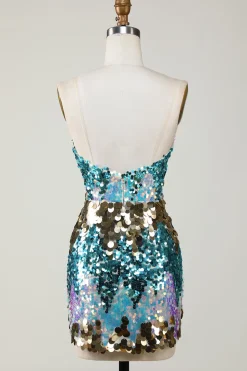 Sparkly Blue Sequined Tight Short Homecoming Vestido