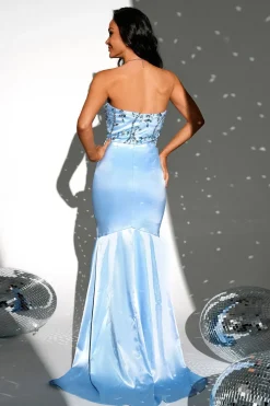 Sparkly Blue Strapless Sereia Vestido Longo Baile de Formatura com Fenda