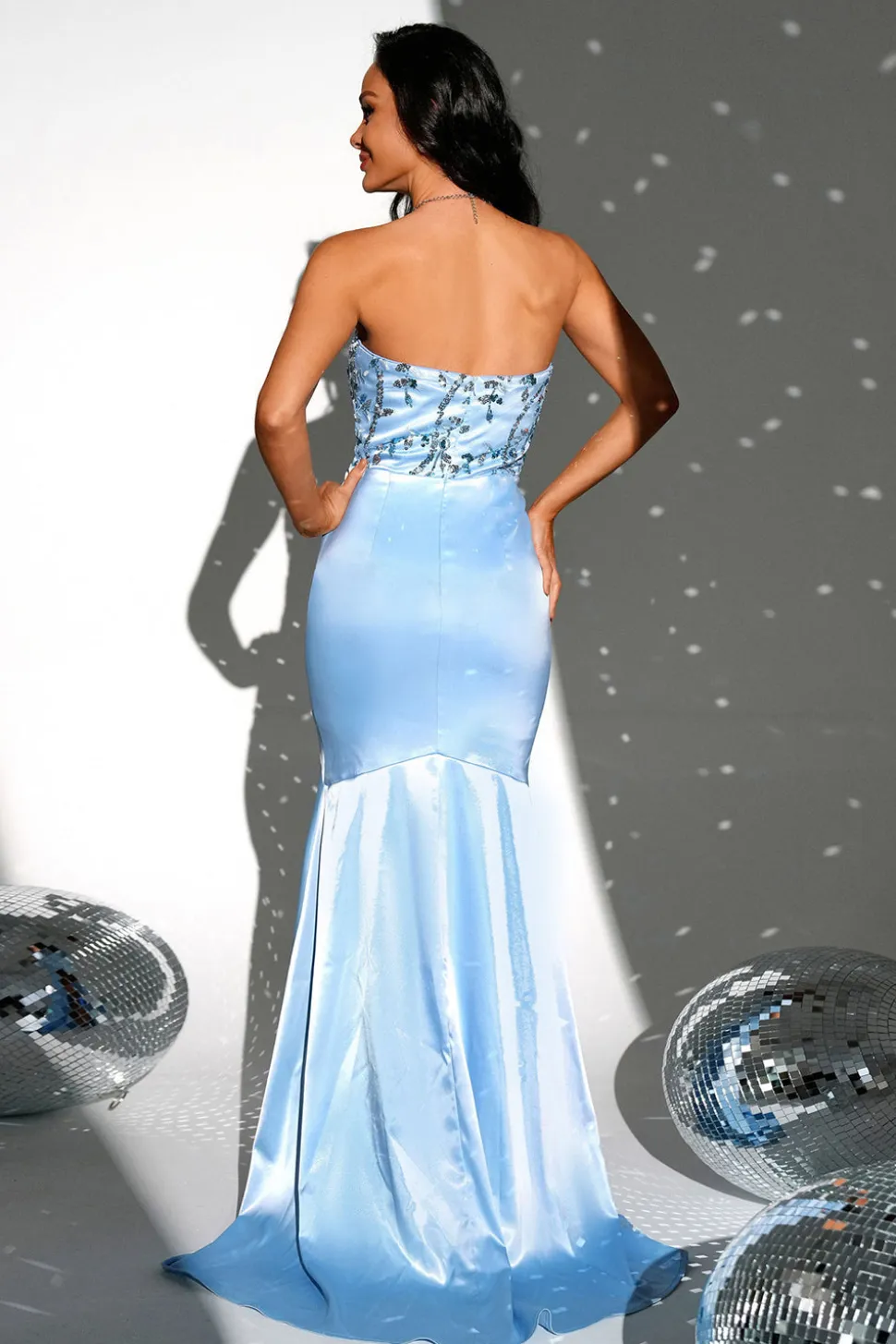 Sparkly Blue Strapless Sereia Vestido Longo Baile de Formatura com Fenda