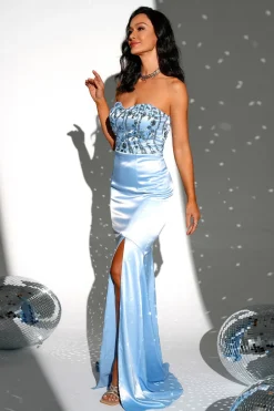 Sparkly Blue Strapless Sereia Vestido Longo Baile de Formatura com Fenda