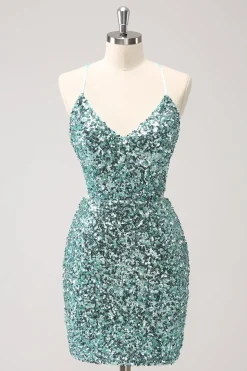 Sparkly Blue Tight Lace-Up Back Homecoming Vestido com Fenda