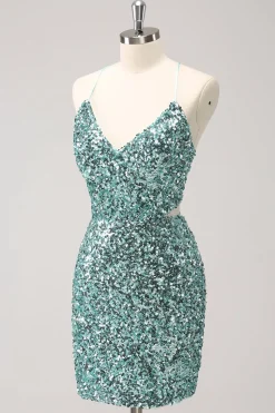 Sparkly Blue Tight Lace-Up Back Homecoming Vestido com Fenda