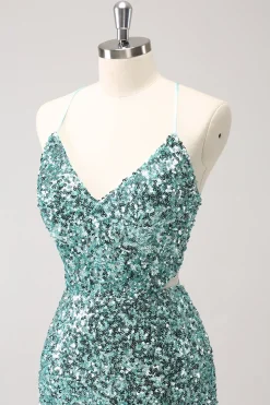 Sparkly Blue Tight Lace-Up Back Homecoming Vestido com Fenda