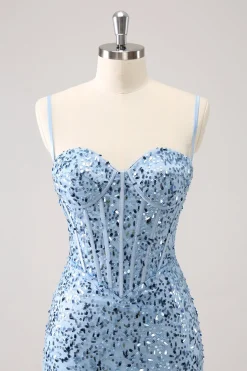 Sparkly Blue Tight Sequins Esparguete Correias Homecoming Dress
