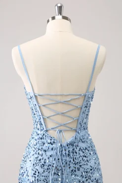 Sparkly Blue Tight Sequins Esparguete Correias Homecoming Dress