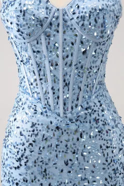 Sparkly Blue Tight Sequins Esparguete Correias Homecoming Dress