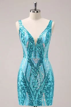 Sparkly Blue Tight V Neck Vestido Curto Homecoming com Sequins