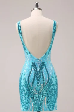 Sparkly Blue Tight V Neck Vestido Curto Homecoming com Sequins
