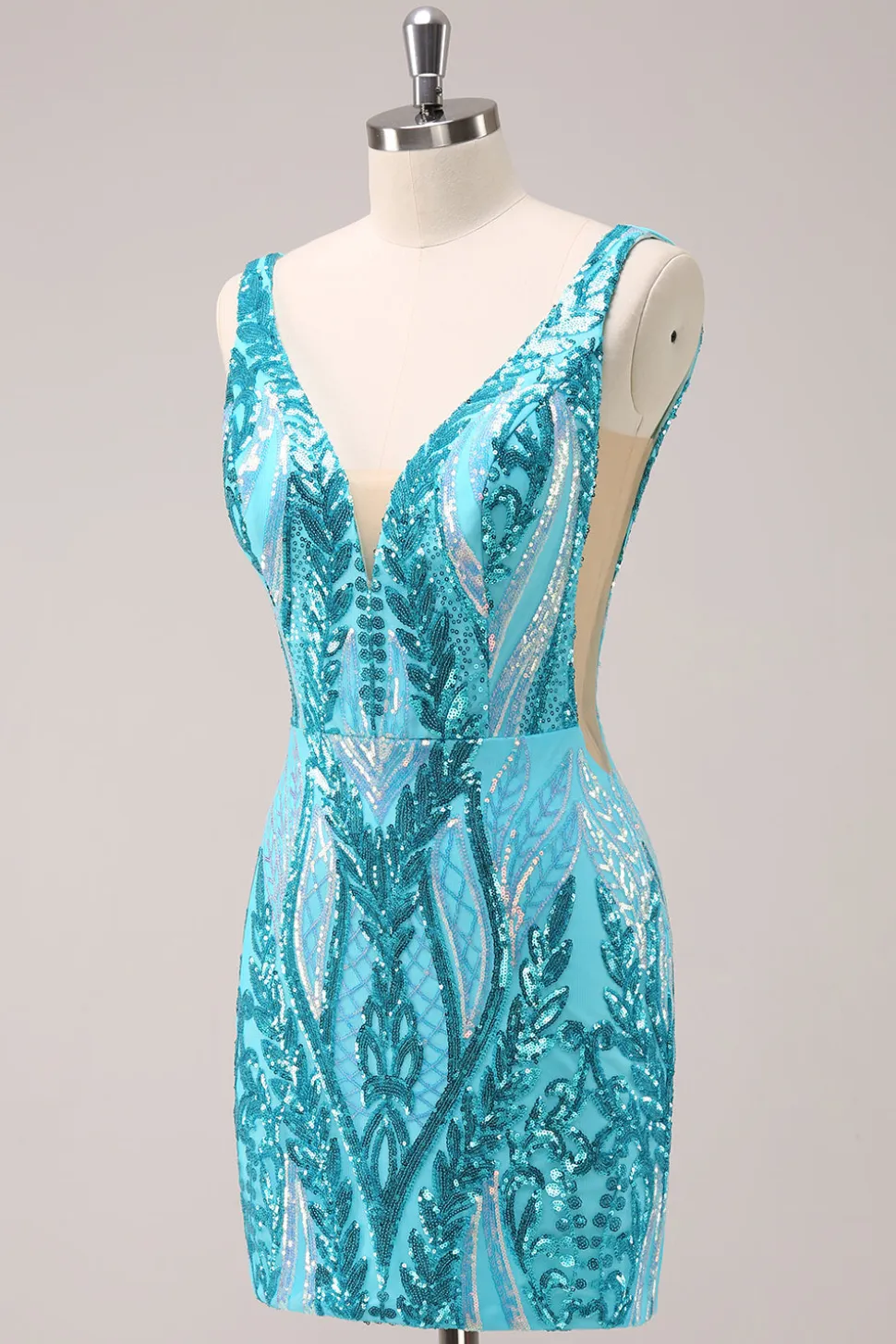 Sparkly Blue Tight V Neck Vestido Curto Homecoming com Sequins