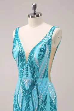Sparkly Blue Tight V Neck Vestido Curto Homecoming com Sequins