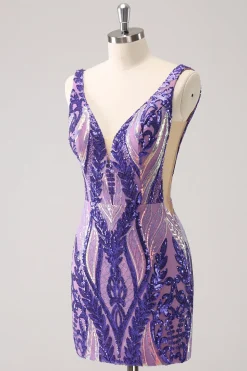 Sparkly Blue Tight V Neck Vestido Curto Homecoming com Sequins