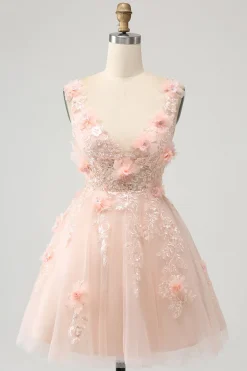 Sparkly Blush A Line V Neck Sequin Short Homecoming Dress com flores 3D