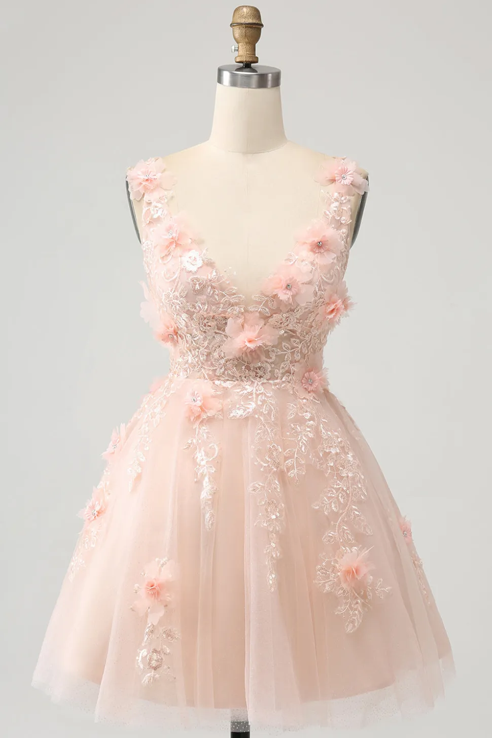Sparkly Blush A Line V Neck Sequin Short Homecoming Dress com flores 3D