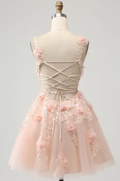 Sparkly Blush A Line V Neck Sequin Short Homecoming Dress com flores 3D