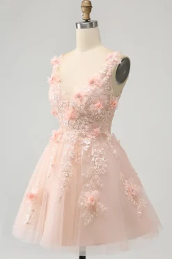 Sparkly Blush A Line V Neck Sequin Short Homecoming Dress com flores 3D