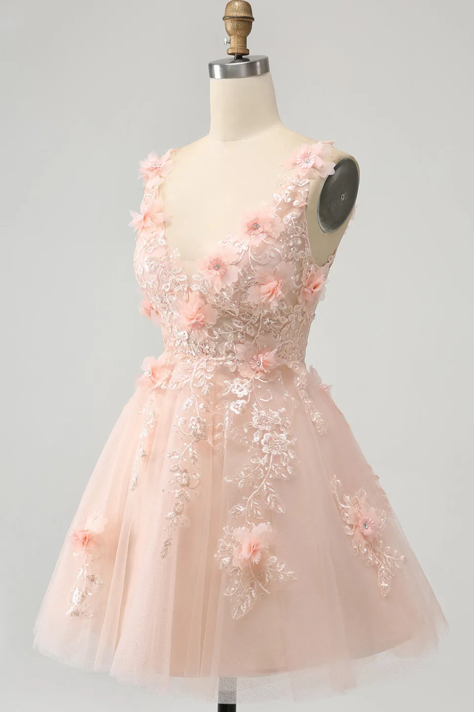 Sparkly Blush A Line V Neck Sequin Short Homecoming Dress com flores 3D