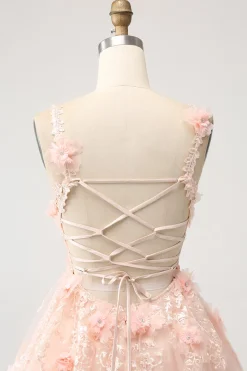 Sparkly Blush A Line V Neck Sequin Short Homecoming Dress com flores 3D
