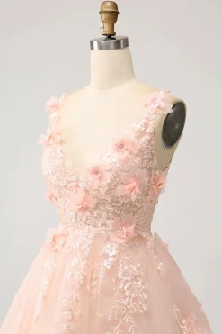 Sparkly Blush A Line V Neck Sequin Short Homecoming Dress com flores 3D