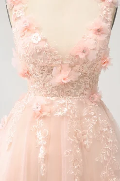 Sparkly Blush A Line V Neck Sequin Short Homecoming Dress com flores 3D