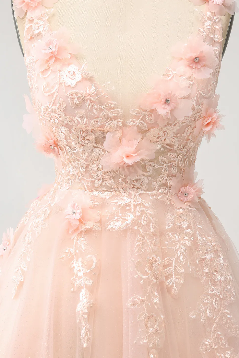 Sparkly Blush A Line V Neck Sequin Short Homecoming Dress com flores 3D
