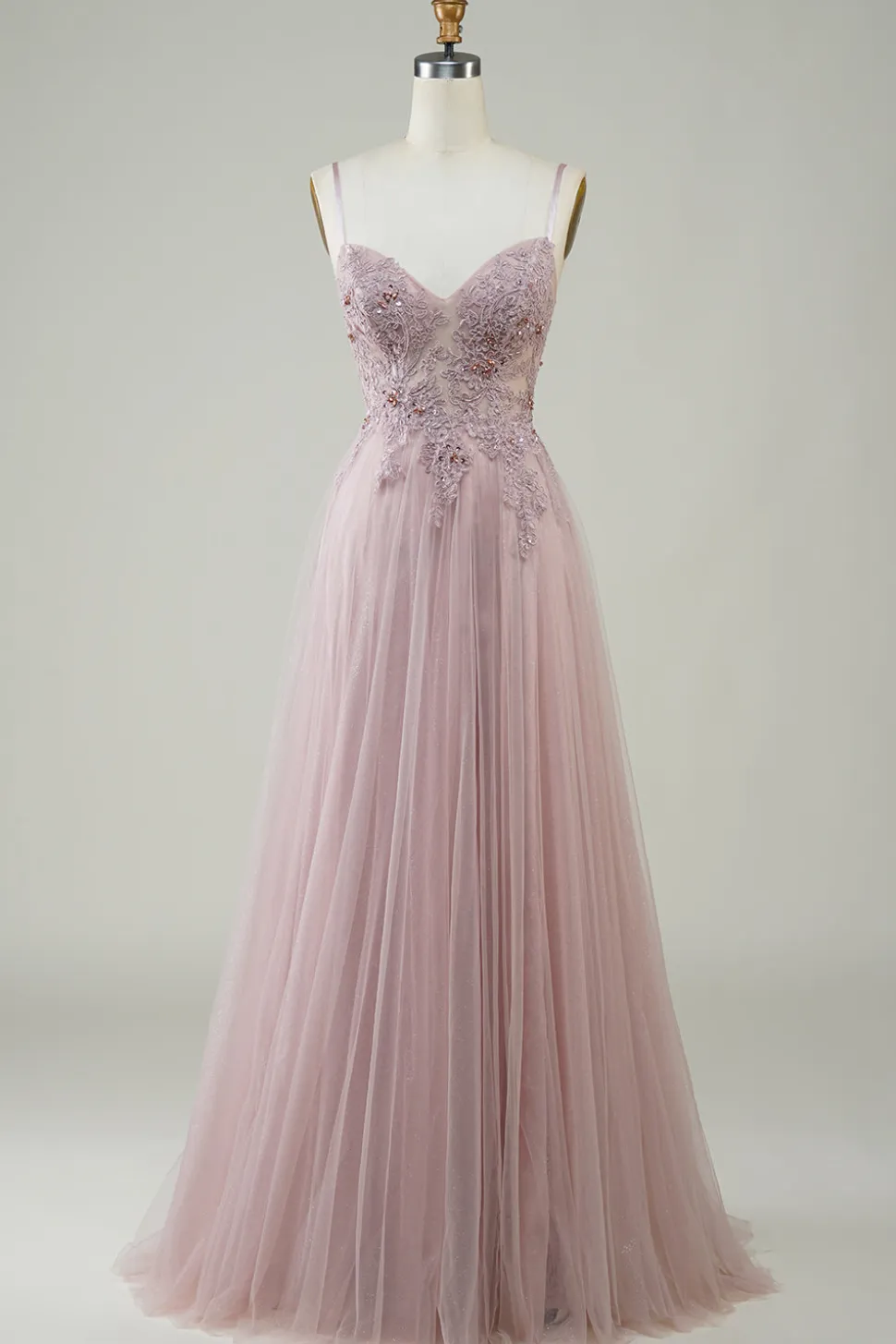 Sparkly Blush A-Line Tule Vestido Longo Baile de Formatura com Renda