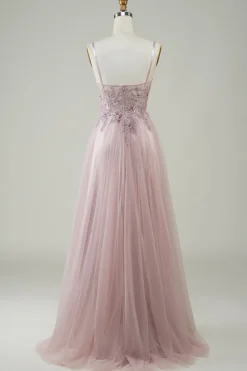 Sparkly Blush A-Line Tule Vestido Longo Baile de Formatura com Renda