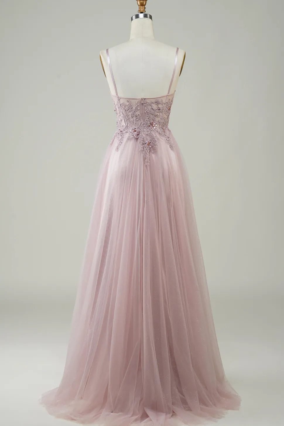 Sparkly Blush A-Line Tule Vestido Longo Baile de Formatura com Renda