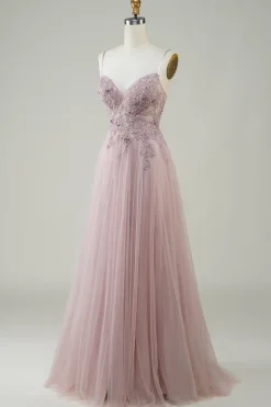 Sparkly Blush A-Line Tule Vestido Longo Baile de Formatura com Renda