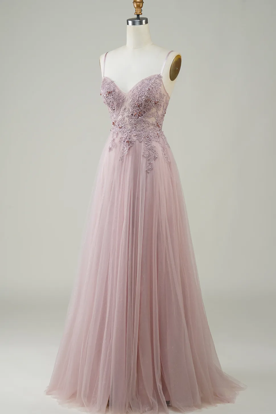 Sparkly Blush A-Line Tule Vestido Longo Baile de Formatura com Renda