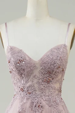 Sparkly Blush A-Line Tule Vestido Longo Baile de Formatura com Renda