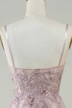 Sparkly Blush A-Line Tule Vestido Longo Baile de Formatura com Renda