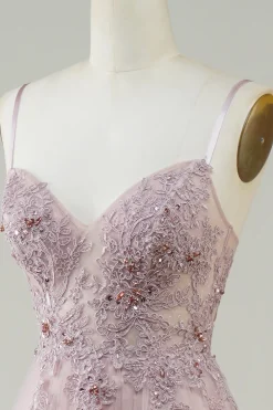 Sparkly Blush A-Line Tule Vestido Longo Baile de Formatura com Renda