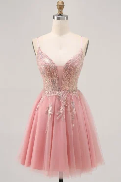 Sparkly Blush A-line Tulle Sequins Vestido Curto Homecoming com Lace Up Back