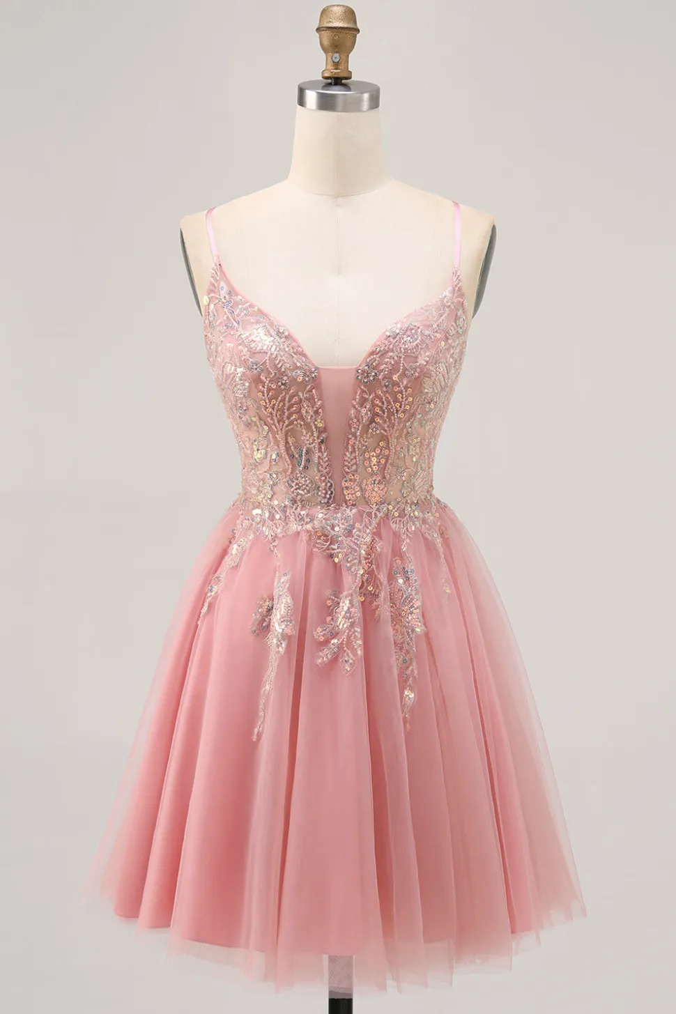 Sparkly Blush A-line Tulle Sequins Vestido Curto Homecoming com Lace Up Back