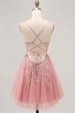 Sparkly Blush A-line Tulle Sequins Vestido Curto Homecoming com Lace Up Back