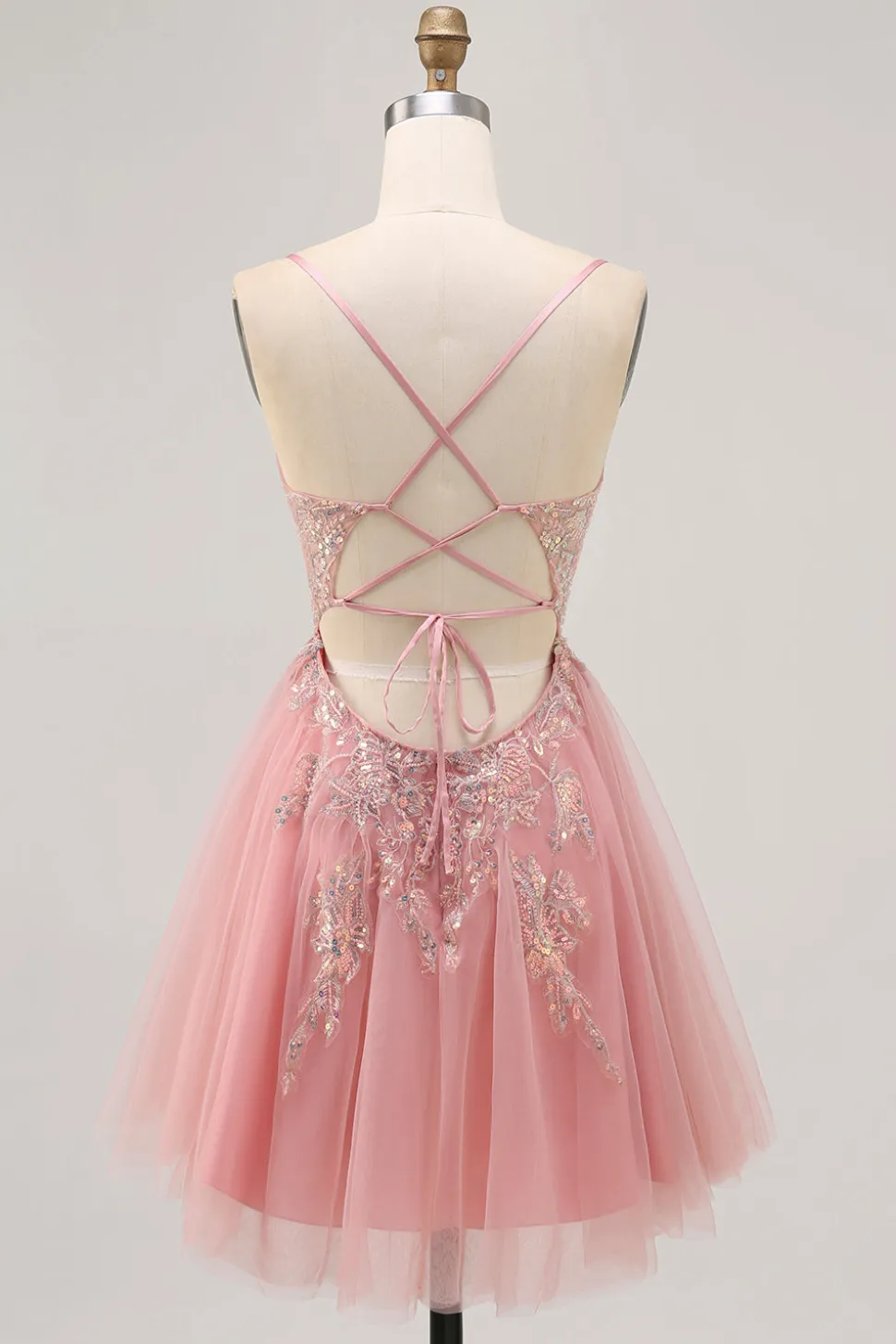 Sparkly Blush A-line Tulle Sequins Vestido Curto Homecoming com Lace Up Back
