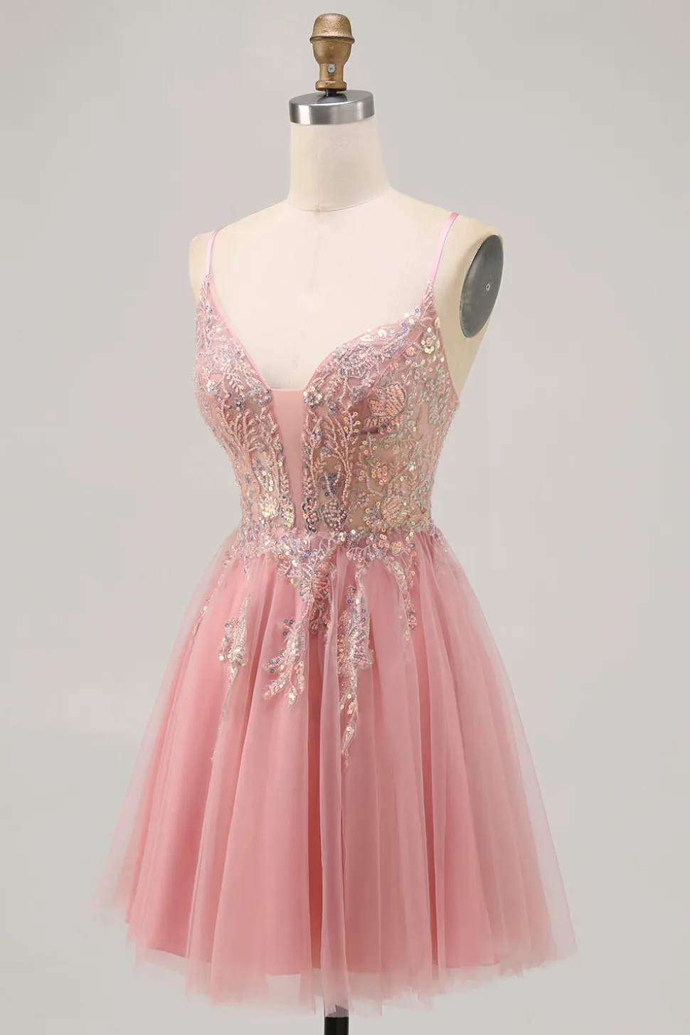 Sparkly Blush A-line Tulle Sequins Vestido Curto Homecoming com Lace Up Back