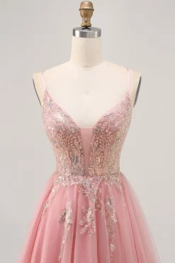 Sparkly Blush A-line Tulle Sequins Vestido Curto Homecoming com Lace Up Back