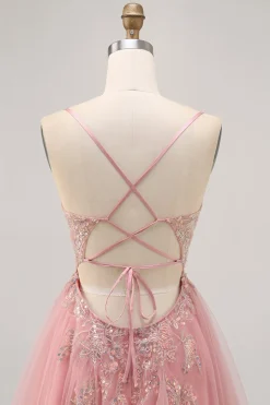 Sparkly Blush A-line Tulle Sequins Vestido Curto Homecoming com Lace Up Back