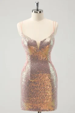 Sparkly Blush Esparguete Correias Apertado Curto Homecoming Dress com Renda-Up Back