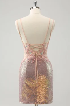 Sparkly Blush Esparguete Correias Apertado Curto Homecoming Dress com Renda-Up Back