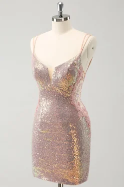 Sparkly Blush Esparguete Correias Apertado Curto Homecoming Dress com Renda-Up Back
