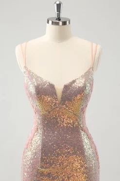 Sparkly Blush Esparguete Correias Apertado Curto Homecoming Dress com Renda-Up Back