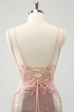 Sparkly Blush Esparguete Correias Apertado Curto Homecoming Dress com Renda-Up Back